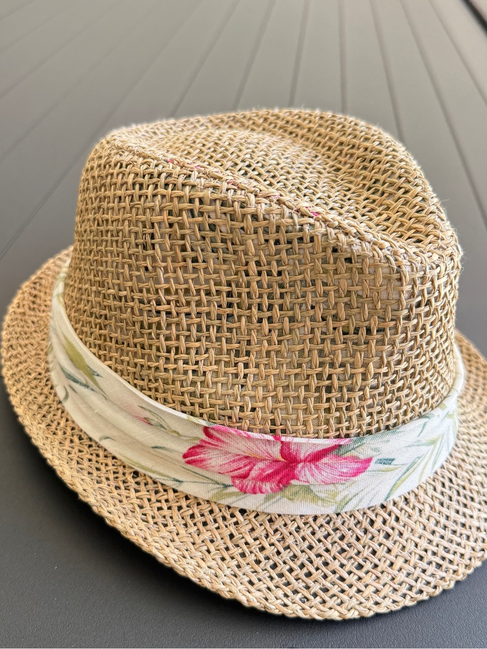 Woven Straw Fedora with Floral Band - Natural